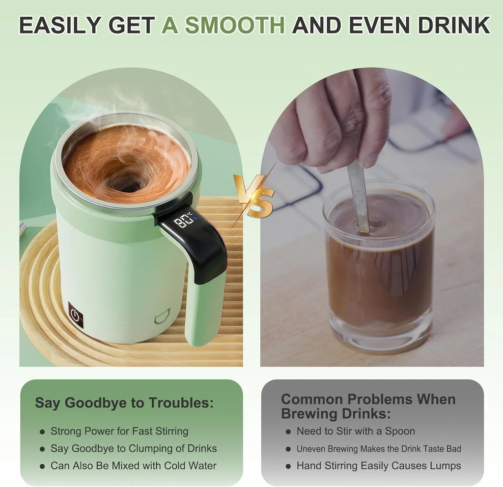 Self-Stirring Coffee Mug 12Oz – Electric & Rechargeable with Magnetic Stirring, Temperature Display, Lid – Bpa-Free, Auto Mixing for Hot/Cold Drinks (Green)