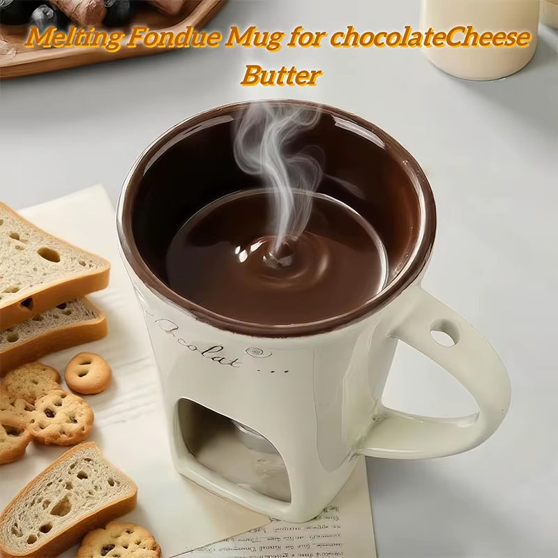 130Ml Chocolate Fondue Cup European Candle Cup Ceramic Mug Heating Food Cheese Creative Coffee Mug with Fork Christmas Party