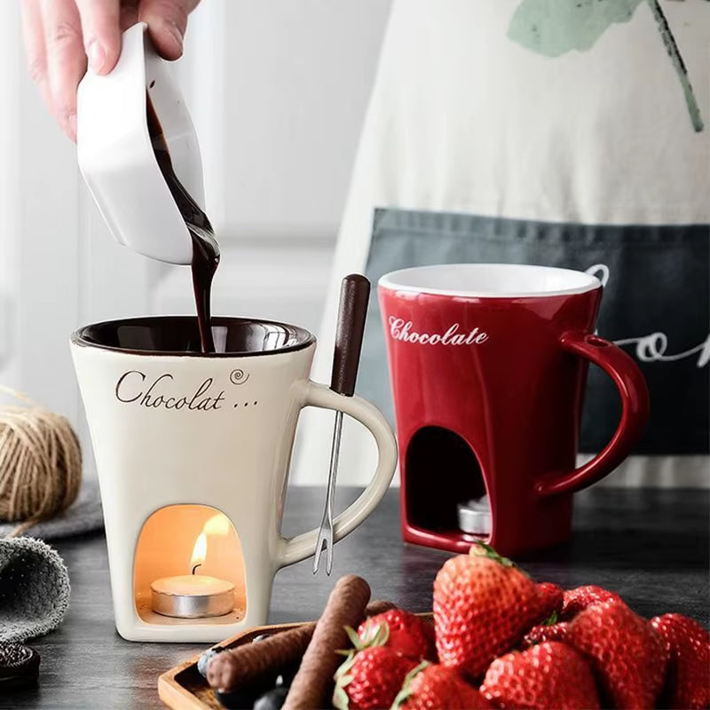 130Ml Chocolate Fondue Cup European Candle Cup Ceramic Mug Heating Food Cheese Creative Coffee Mug with Fork Christmas Party