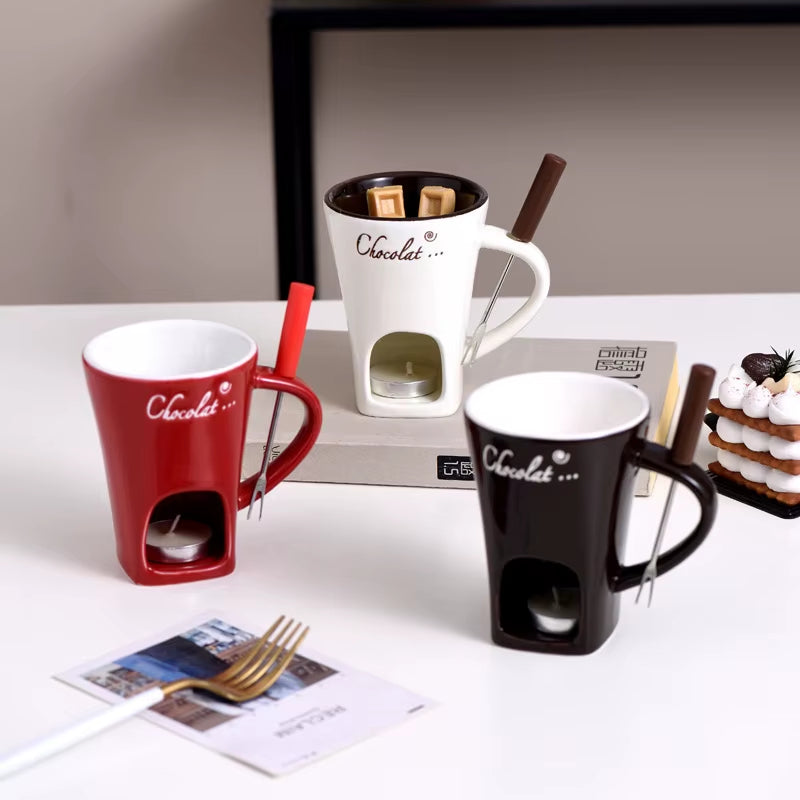 130Ml Chocolate Fondue Cup European Candle Cup Ceramic Mug Heating Food Cheese Creative Coffee Mug with Fork Christmas Party