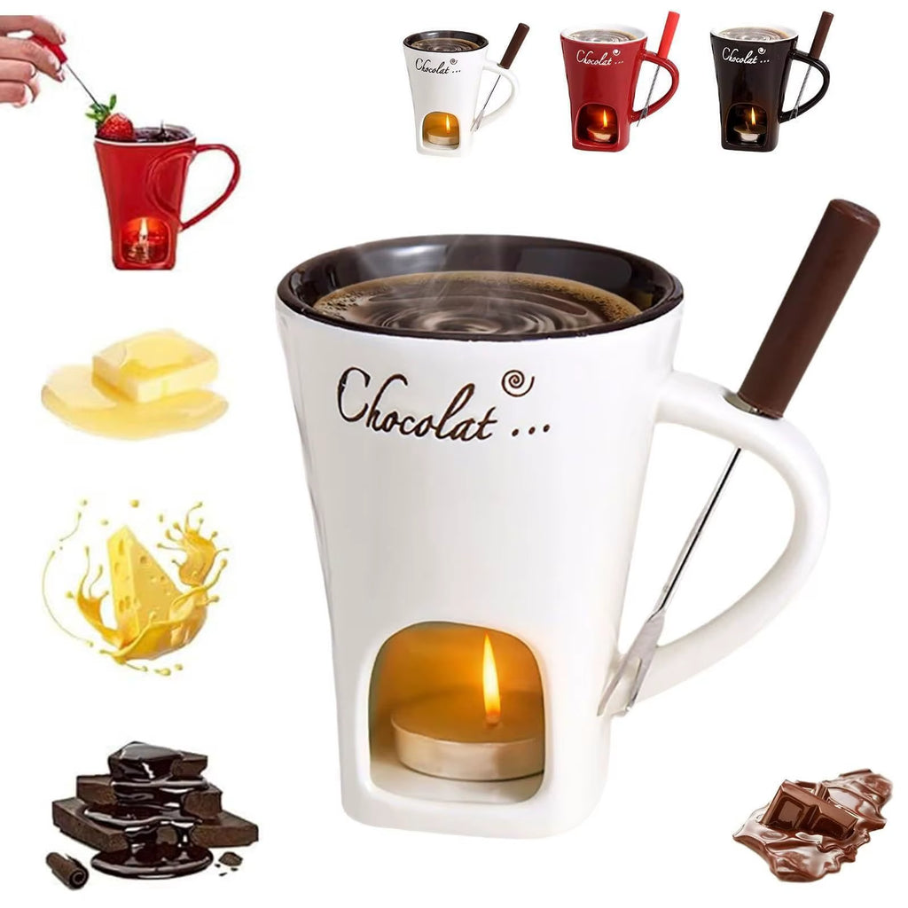 130Ml Chocolate Fondue Cup European Candle Cup Ceramic Mug Heating Food Cheese Creative Coffee Mug with Fork Christmas Party