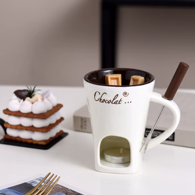 130Ml Chocolate Fondue Cup European Candle Cup Ceramic Mug Heating Food Cheese Creative Coffee Mug with Fork Christmas Party