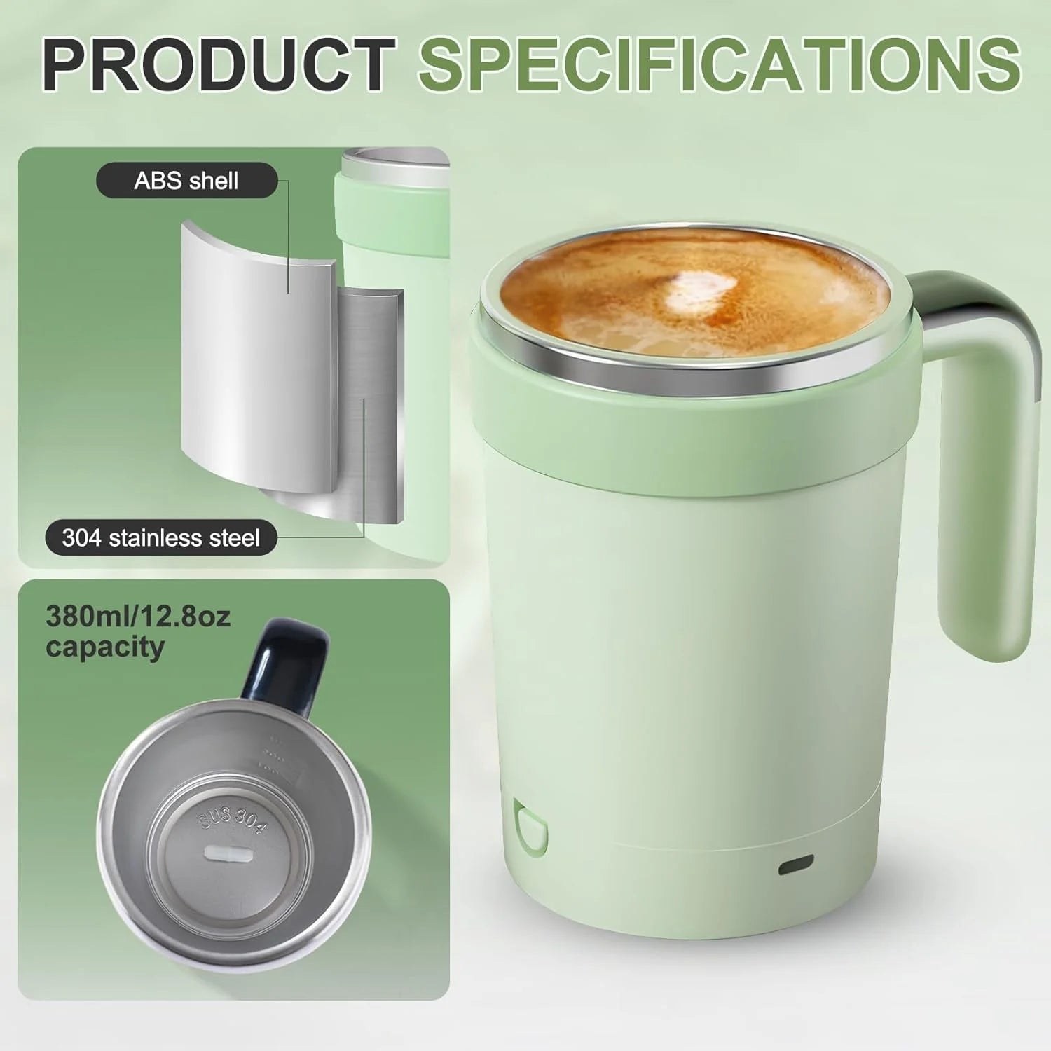 Self-Stirring Coffee Mug 12Oz – Electric & Rechargeable with Magnetic Stirring, Temperature Display, Lid – Bpa-Free, Auto Mixing for Hot/Cold Drinks (Green)